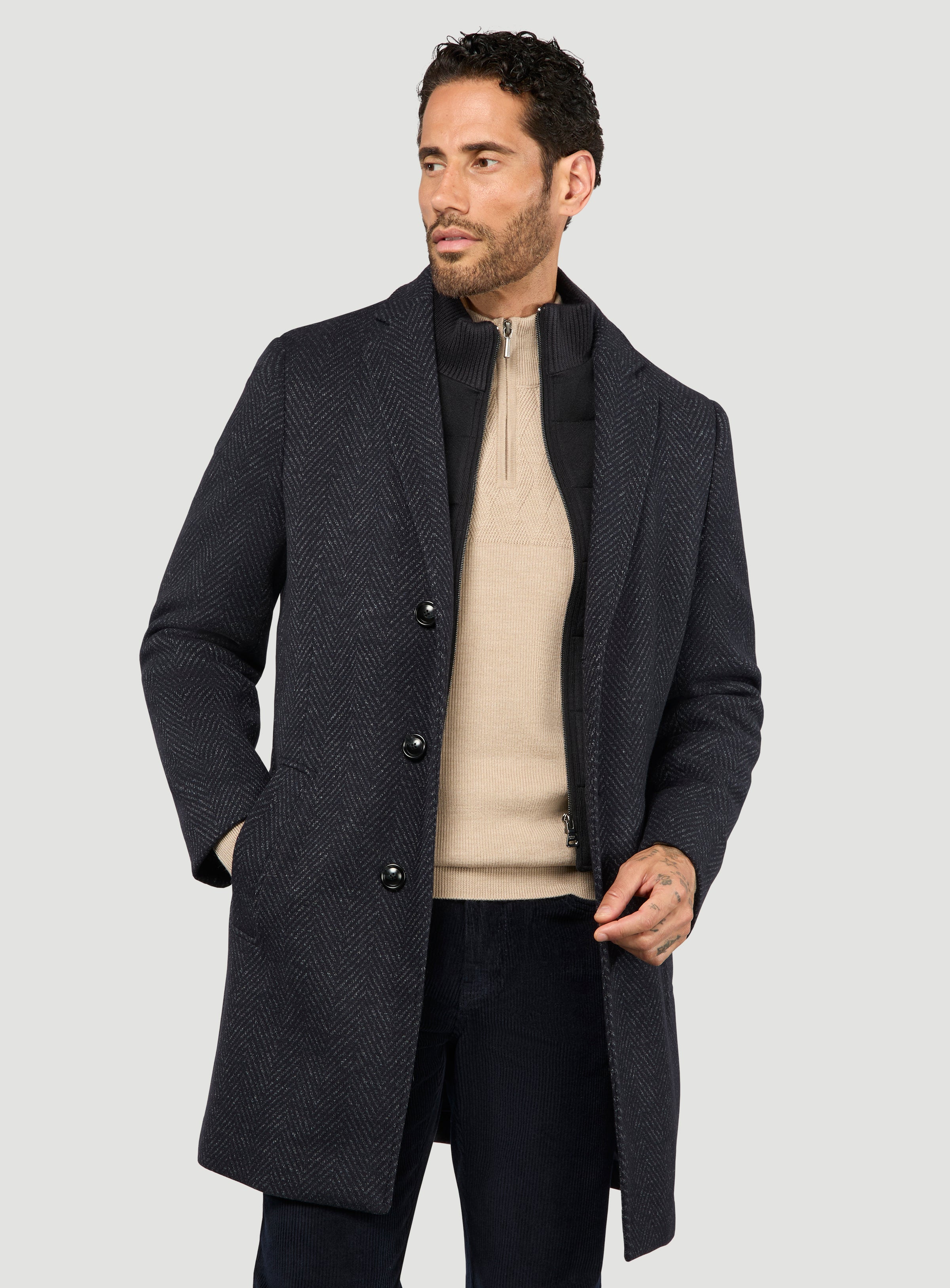 Navy Herringbone Overcoat for men - Anthony of London Luxury